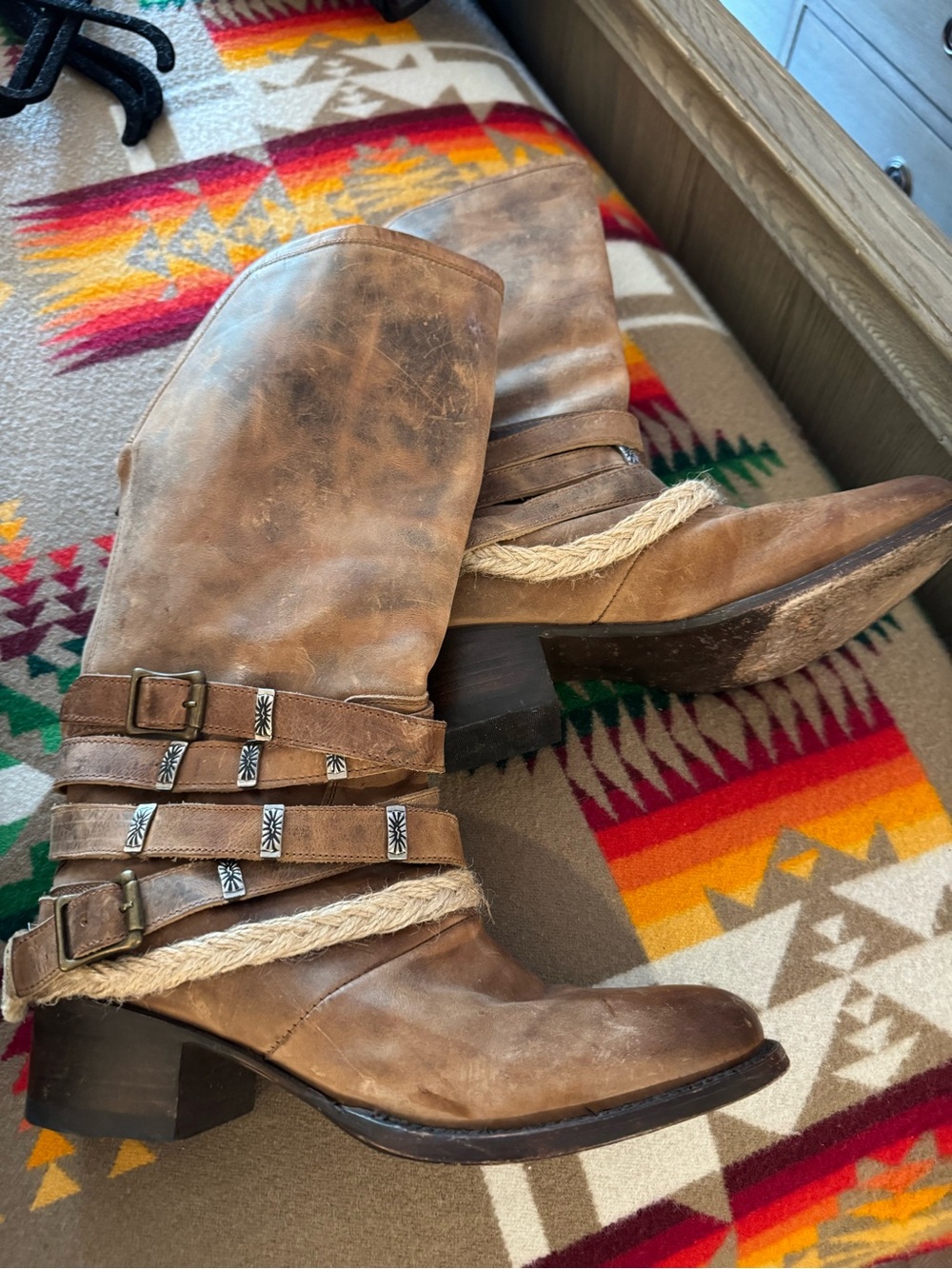 freebird Tan Distressed Leather Western Mid-Calf Heeled Boots
